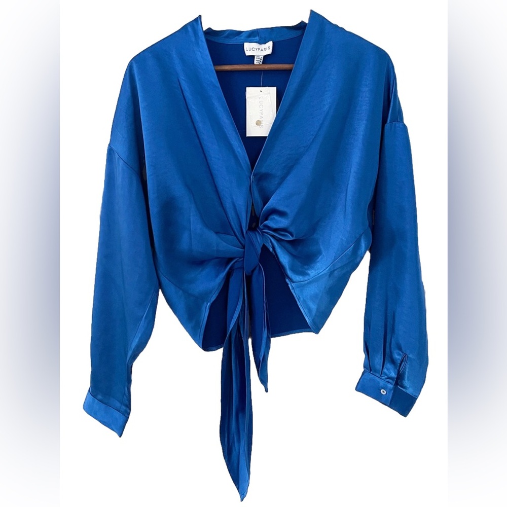 Lucy Paris Gloria Wrap Top Blue Long Sleeve Tie Front Blouse Size Small NWT - Picture 6 of 11